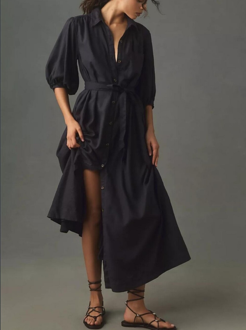 Maeve Button Front Belted Maxi Shirt Dress Size 1X Puff Sleeve Minimalist Fall